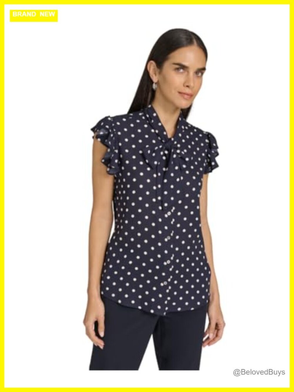 Sleeveless Ruffle Blouse with Tie Neck Regular Fit Women's - Picture 1 of 4